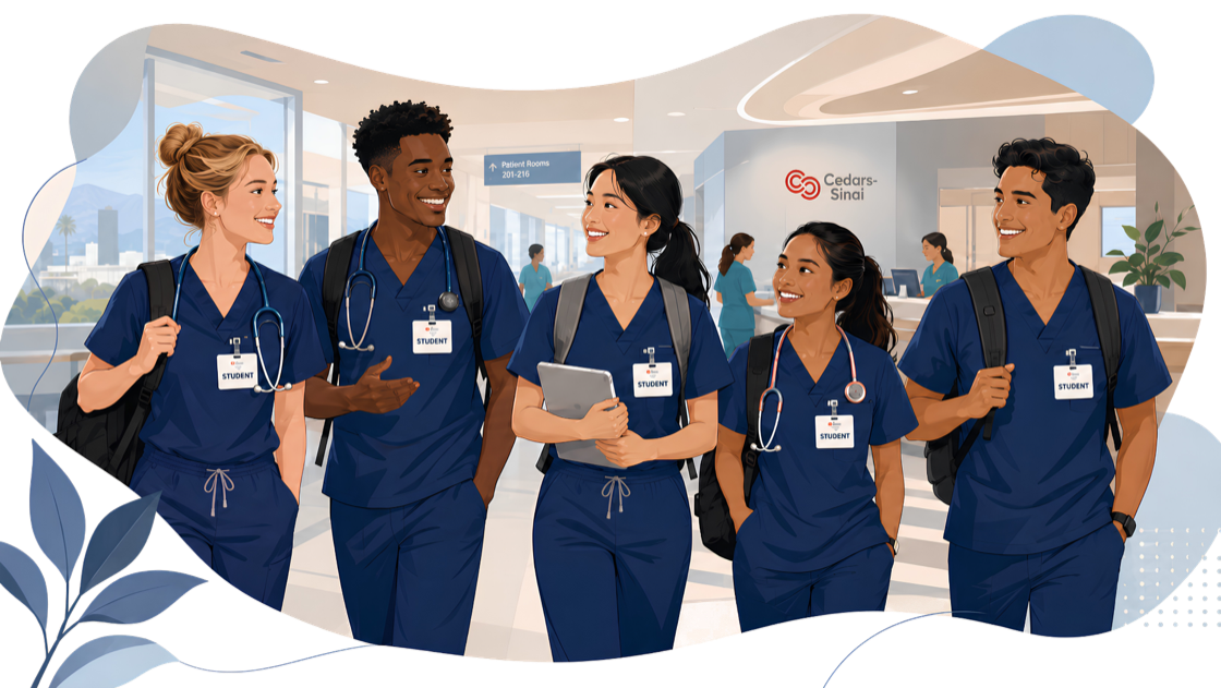 Illustration of a diverse group of senior nursing students walking together in a Cedars-Sinai hospital environment
